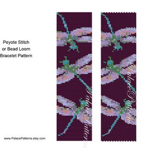 May include: A bead loom or peyote stitch bracelet pattern featuring a repeating design of purple, blue, and green dragonflies on a dark purple background. The pattern is titled "Peyote Stitch or Bead Loom Bracelet Pattern" and includes the website address "www.PalacePatterns.etsy.com".