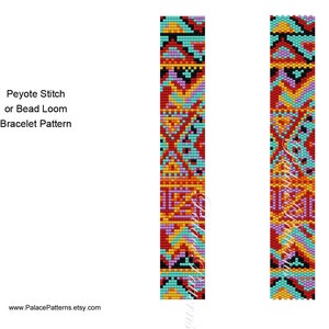 May include: A beading pattern for a bracelet using peyote stitch or bead loom. The pattern features a geometric design with red, orange, yellow, blue, green, black, and purple beads.