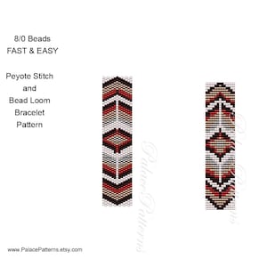 May include: A bead loom bracelet pattern with two different designs. The pattern is for a peyote stitch bracelet using 8/0 beads. The designs feature geometric shapes in red, white, black, brown, and beige.