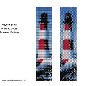 May include: A bead loom or peyote stitch bracelet pattern featuring a lighthouse with red, white and black stripes against a blue and white water background. The pattern is for a bracelet.