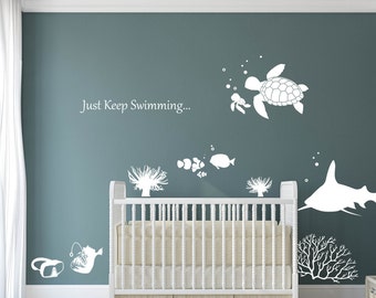 Under the sea Decal, Just keep Swimming, Ocean friends, Whale family, Nautical, Modern Nursery, Nursery decals