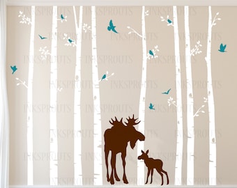 Birch Tree Decal with Moose and Baby, set of 8 , Birch Trees with flying birds, birch tree set, Birch forest, Nursery decals, Baby Decals