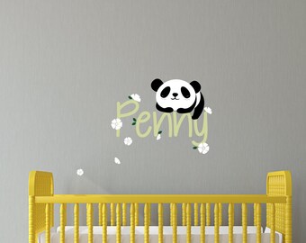 Panda decal with Custom Name, Panda with Blossoms, Blowing blossom decal, Sleeping panda, bear decal, Nursery decals, Baby Decals