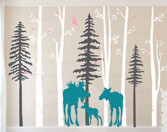 Birch Decal with Moose Family, 5 Birch decal set with pine trees, birch tree set, Moose baby, Modern Nursery, Nursery decals, Woodland theme