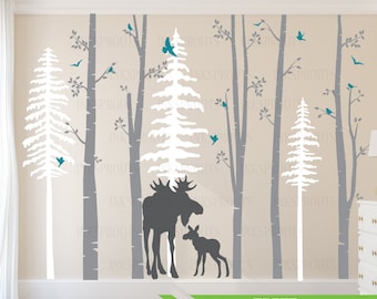 Birch Decal with Moose, 5 Birch decal set with pine trees, birch tree set, Moose baby, Modern Nursery, Nursery decals, Woodland theme