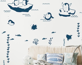 Penguin Room Decal, Penguins at play, Ocean theme room, Artic animals, nursery decal, wall stickers, fish, Under the sea, modern room