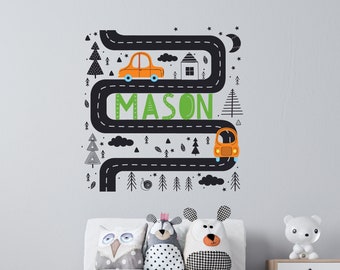 Car with Name Decal, Woodland nursery, Road Map, Transportation, Adventure Decal, travel, Scandinavian, Modern Decal, Nursery decals, Baby