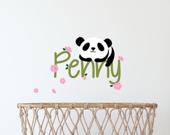 Panda decal with Custom Name, Panda with Blossoms, Blowing blossom decal, Sleeping panda, bear decal, Nursery decals, Baby Decals