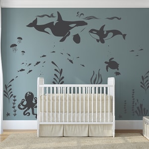 Orca Whale Sea Room Decal, Ocean theme room, Killer Whale decal,  Under the sea, nursery decal, wall stickers, fish, octopus