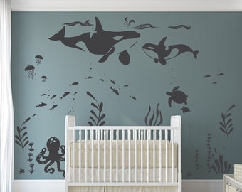 Orca Whale Sea Room Decal, Ocean theme room, Killer Whale decal,  Under the sea, nursery decal, wall stickers, fish, octopus
