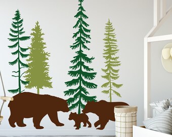 Forest animal wall Decal, Woodland theme nursery, Pine forest, Adventure, Camping, Children's Wall Decals, Nursery decal, bear family,