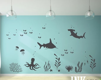 Under the Sea Room Decal 04, Ocean theme room, Whale decal,  Shark room, nursery decal, wall stickers, fish, octopus