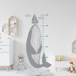 Sticker walvis groeigrafiek, groeigrafiek kind, sticker onder de zee, nautisch, matroos, hoogtetabel kinderen, sticker boot, sticker kinderkamer