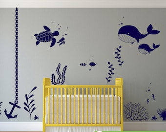 Under the sea room Decal 06, Ocean theme room, Whale decal, nursery decal, wall stickers, fish, octopus, modern room decor