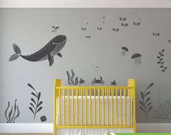 Under the sea room Decal 05, Ocean theme room, Whale decal, nursery decal, wall stickers, fish, octopus, modern room decor