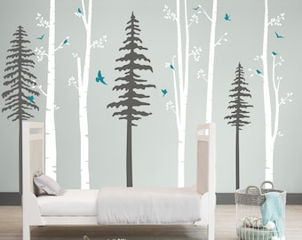 Birch Tree and Pine Forest, Birch decal with birds, Forest decal , Modern Nursery, Nursery decals, Woodland theme