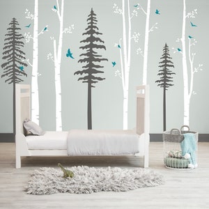 Birch Tree and Pine Forest, Birch decal with birds, Forest decal , Modern Nursery, Nursery decals, Woodland theme