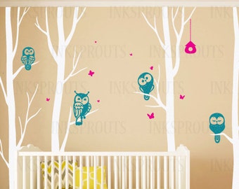 Birch Tree Decal with owls, 4 tree Birch set, Winter birch tree set, Birch forest, flying birds decal, Nursery decals,Baby Decals
