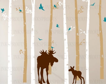 Birch Tree Decal with Moose and Baby in two colors, set of 8 , Birch Trees with flying birds, birch tree set, Birch forest, Nursery decals
