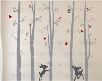 Birch Decal with Birds and fawns ,5 Birch decal, baby deer, birch tree set, Birch forest,Nusery Birch trees, Modern Nursery, Nursery decals