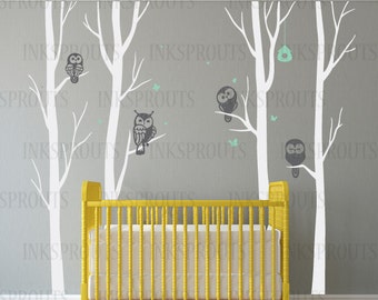 Birch Tree Decal with owls, 4 tree Birch set, Winter birch tree set, Birch forest, flying birds decal, Nursery decals,Baby Decals