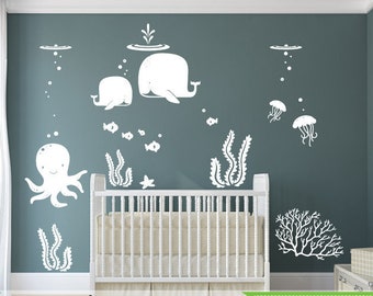 Under the sea room Decal, Ocean theme room, Whale decal, Octopus decal, Jellyfish, nursery decal, wall stickers, fish, octopus, modern decor