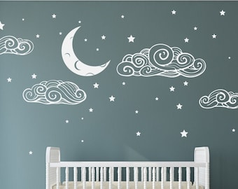 Cloud and Stars Decal, Clouds, Starry Night, Sky pattern, Moon and Stars Decal, Boho, Scandinavian, Modern Decal, Nursery decals, Baby