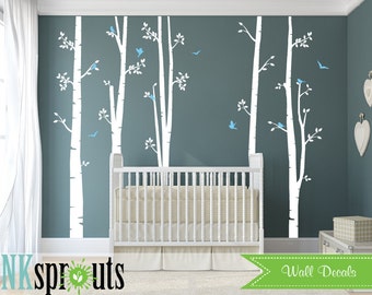 Birch Decal with Birds Large set,5 Birch decal, birch tree set, Birch forest, Modern Nursery, Nursery decals, Baby Decals, Baby Shower