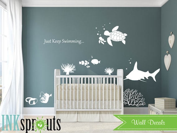 Under the sea Decal, Just keep Swimming, Ocean friends, Whale family, Nautical, Modern Nursery, Nursery decals