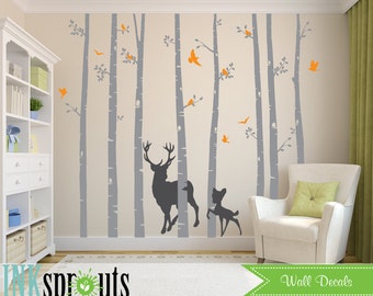 Birch Tree Decal with Deer and birds, set of 8, Birch Trees with flying birds, birch tree set, Birch forest, Nursery decals, Baby Decals