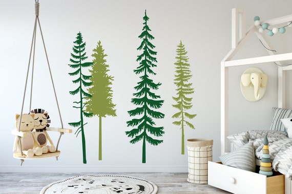 Pine Trees wall Decal, Woodland theme nursery, Pine forest, Adventure, Camping, Children's Wall Decals, Nursery decal, bear family,