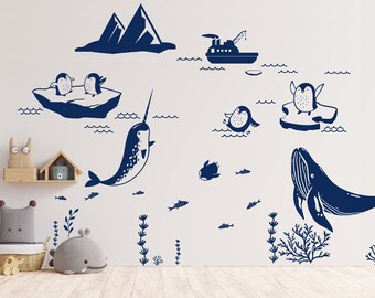 Arctic Sea Room, Penguin Decal, Narwhal Decal, Ocean theme room, Whale decal, nursery decal, wall stickers, fish, Under the sea, modern room