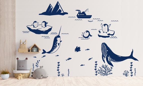 Arctic Sea Room, Penguin Decal, Narwhal Decal, Ocean theme room, Whale decal, nursery decal, wall stickers, fish, Under the sea, modern room