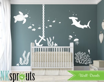 Under the sea Decal, Anchor Nautical decal set, Ocean friends, Sea Turtle, Shark, Nautical decal, Nursery decals, Fish, Ocean Friends, Nemo