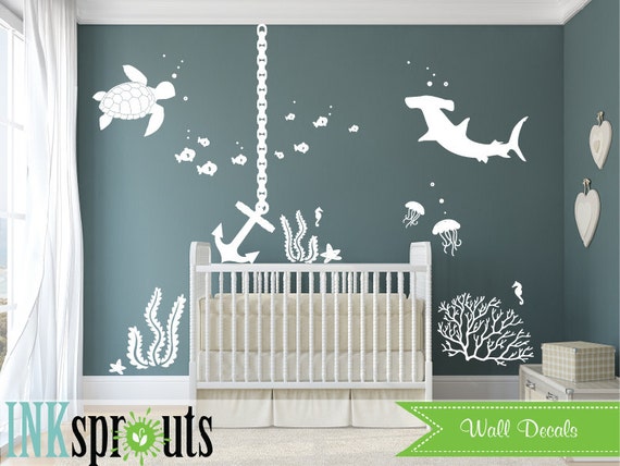 Under the sea Decal, Anchor Nautical decal set, Ocean friends, Sea Turtle, Shark, Nautical decal, Nursery decals, Fish, Ocean Friends, Nemo