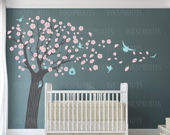 Blowing Blossom Tree decal with birds, 4 tree Birch set, Spring blossom tree,birds, flying birds decal, Nursery decals,Baby Decals