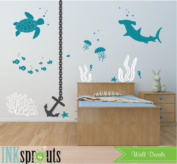 Under the sea Decal, Anchor Nautical decal set, Ocean friends, Sea Turtle, Shark, Nautical decal,  Modern Nursery, Nursery decals,