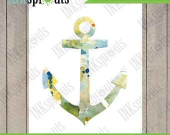 INSTANT DOWNLOAD - Watercolor Anchor Print, Watercolor silhouettes, Ship, Beach theme, Nursery Print, Nautical, Under the Sea, Item  WC010B
