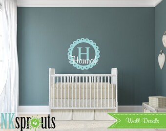 Monogram Name Decal, Scallop emblem, Monogram decal, Girls room, Babys Name monogram, Classic, Modern Nursery, Nursery decals, Baby Decals