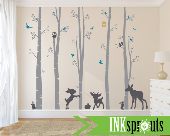 Birch Decal with Woodland Animals ,5 Birch decal, fawn, moose,bunnies, birch tree set, Birch forest,Nusery, Modern Nursery, Nursery decals