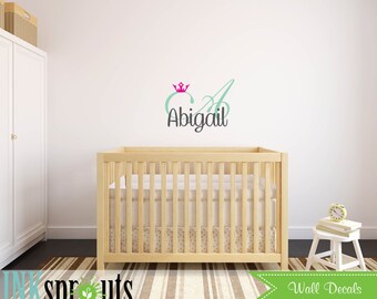 Custom Name Decal with crown, Monogram, Princess decal, Girls room, Babys Name,Classic, Simple, Modern Nursery, Nursery decals, Baby Decals,