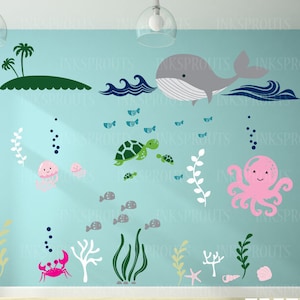 Under the sea Decal, Large ocean animal scene, Anchor Nautical decal set, Nautical decal,  Modern Nursery, Nursery decals