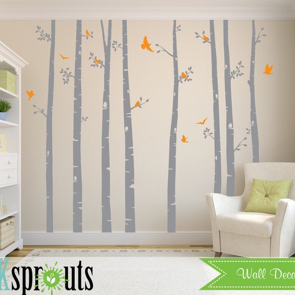 Birch Tree Decal with flying Birds, Set of 8 trees, Large Birch set, birch tree set, Birch forest, Nursery decals, Baby Decals