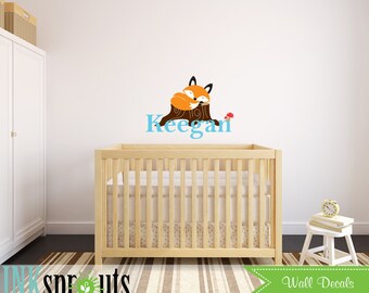 Sleeping fox with custom name, forest friends, Cute fox decal, Woodland Theme Nursery, Fox Nursery, Nursery Decal, Sleeping fox on log