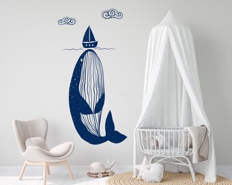 Whale Decal, Whale with boat decal, nautical decal, under the sea, Sailboat, whale sticker, Sea creatures, Nursery decals, Baby Decals