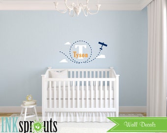 Airplane Decal with name,  Biplane Decal, Avaition, Transportation decal, Sky's the limit, Modern Nursery, Nursery decals, Baby Decals,