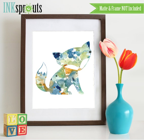 INSTANT DOWNLOAD - Watercolor Fox Print, Watercolor silhouettes, woodland animals, Cute fox ,  Nursery Print, Forest animals, ItemWC026