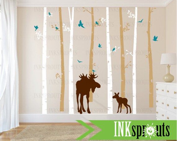 Birch Tree Decal with Moose and Baby in two colors, set of 8 , Birch Trees with flying birds, birch tree set, Birch forest, Nursery decals