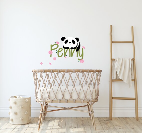 Panda decal with Custom Name, Panda with Blossoms, Blowing blossom decal, Sleeping panda, bear decal, Nursery decals, Baby Decals