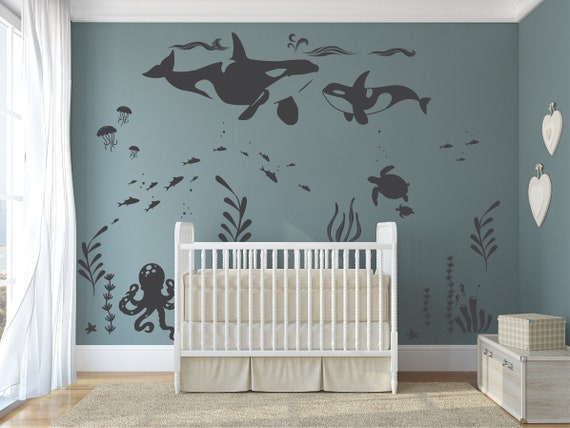 Orca Whale Sea Room Decal, Ocean theme room, Killer Whale decal,  Under the sea, nursery decal, wall stickers, fish, octopus